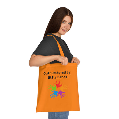 Tote Bag — "Outnumbered by Little Hands" Colorful Kids' Handprint Cotton Tote