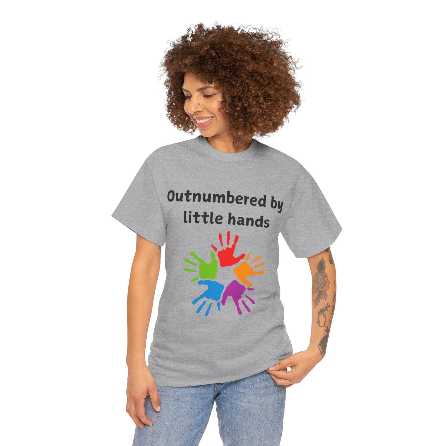 Outnumbered by Little Hands T-Shirt — Funny Parent Tee with Colorful Kids' Handprints
