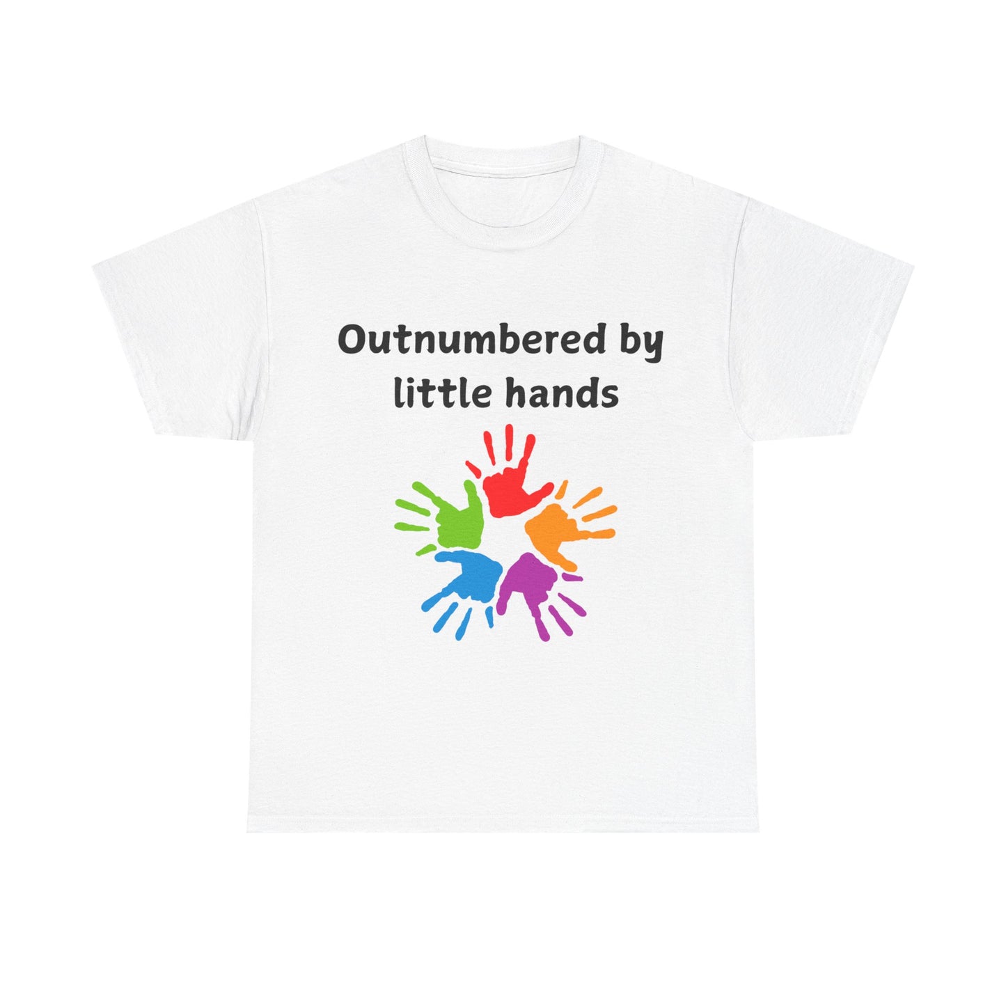Outnumbered by Little Hands T-Shirt — Funny Parent Tee with Colorful Kids' Handprints