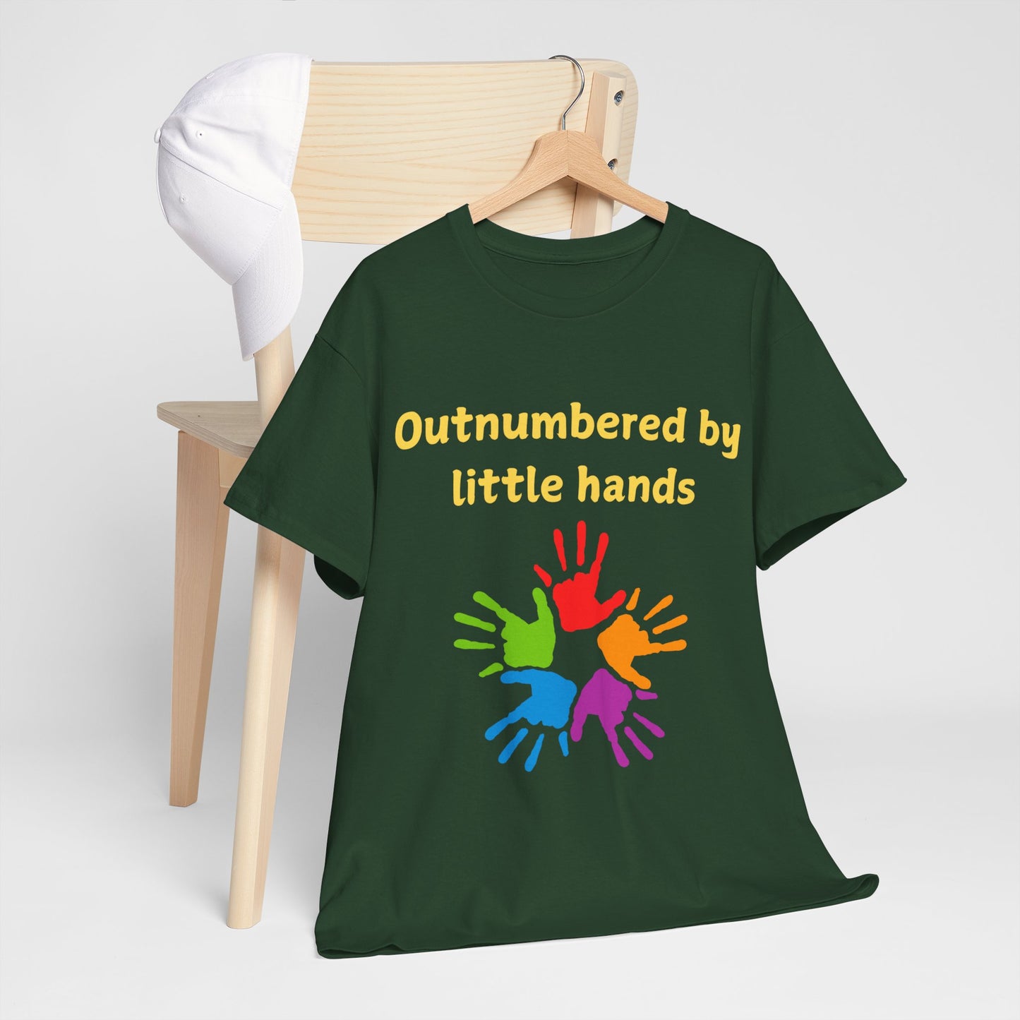 Outnumbered by Little Hands T-Shirt — Funny Parent Tee with Colorful Kids' Handprints