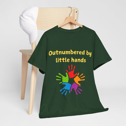 Outnumbered by Little Hands T-Shirt — Funny Parent Tee with Colorful Kids' Handprints