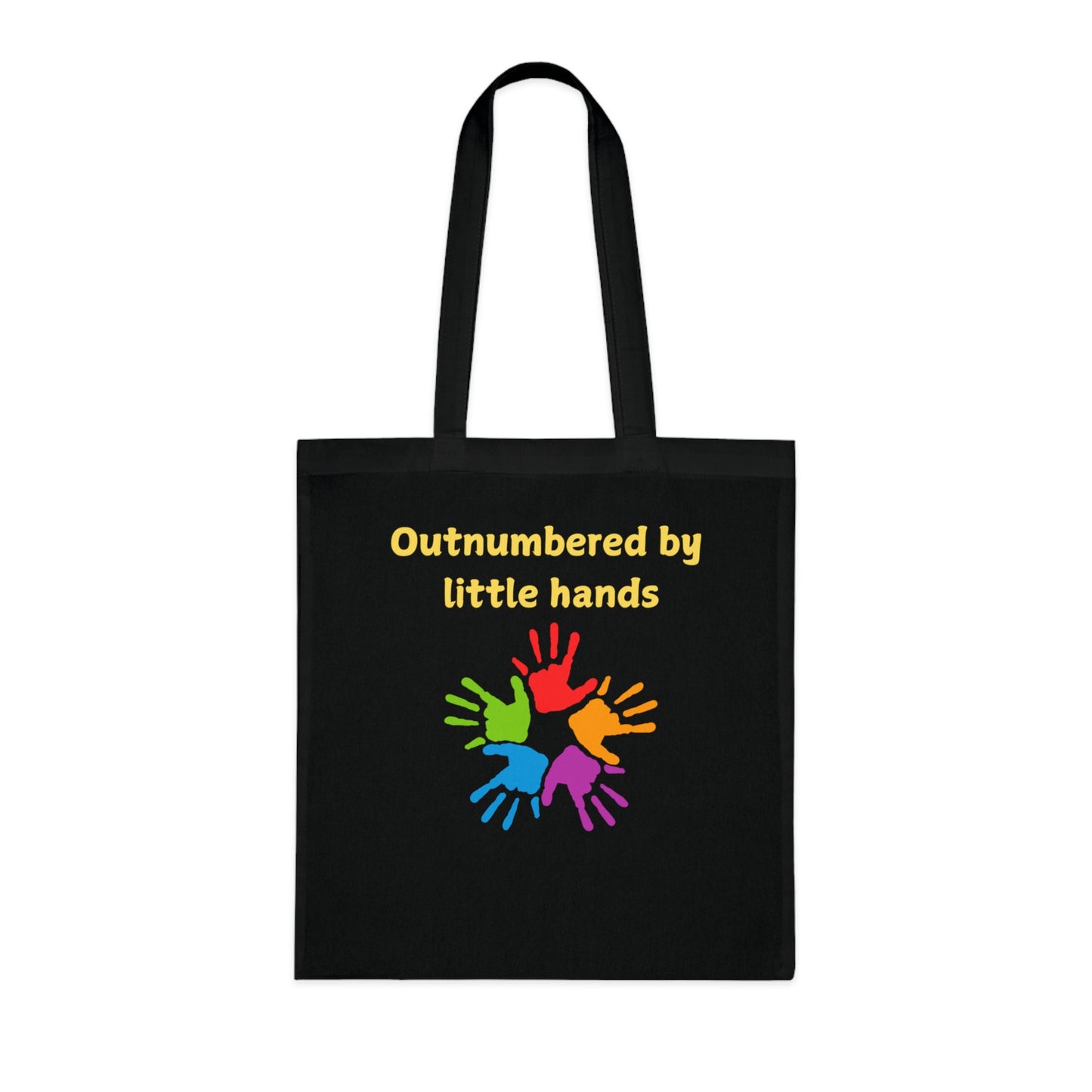 Tote Bag — "Outnumbered by Little Hands" Colorful Kids Handprints Cotton Tote