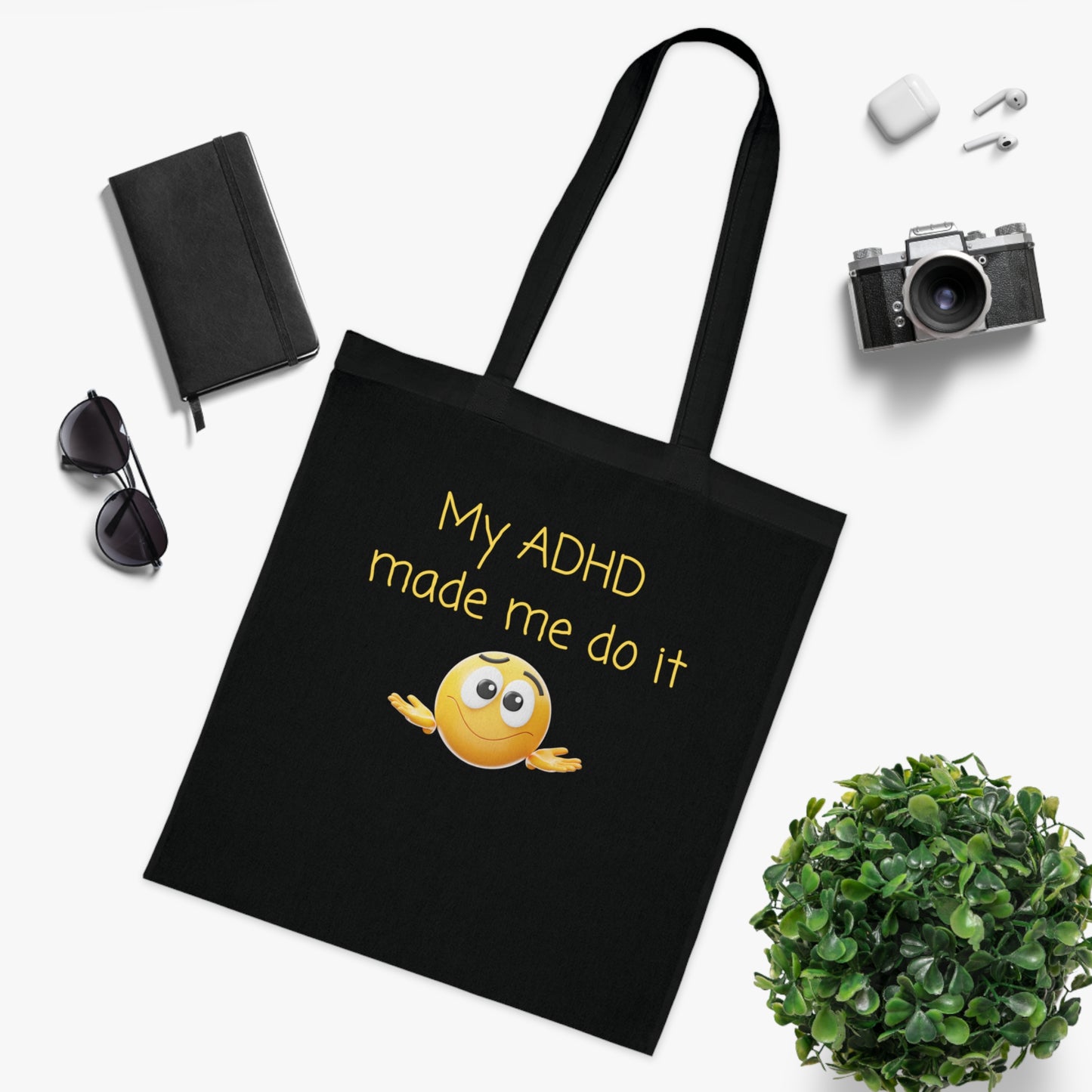My ADHD Made Me Do It Cotton Tote Bag — Funny ADHD Awareness Emoji Tote