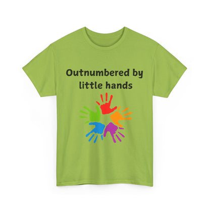 Outnumbered by Little Hands T-Shirt — Funny Parent Tee with Colorful Kids' Handprints